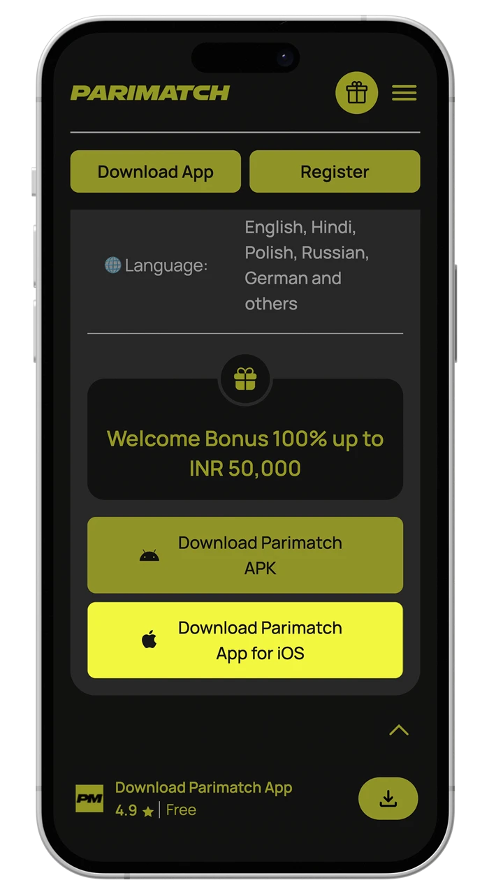 Select the Apple logo button to instantly download the Parimatch app to your iOS device.