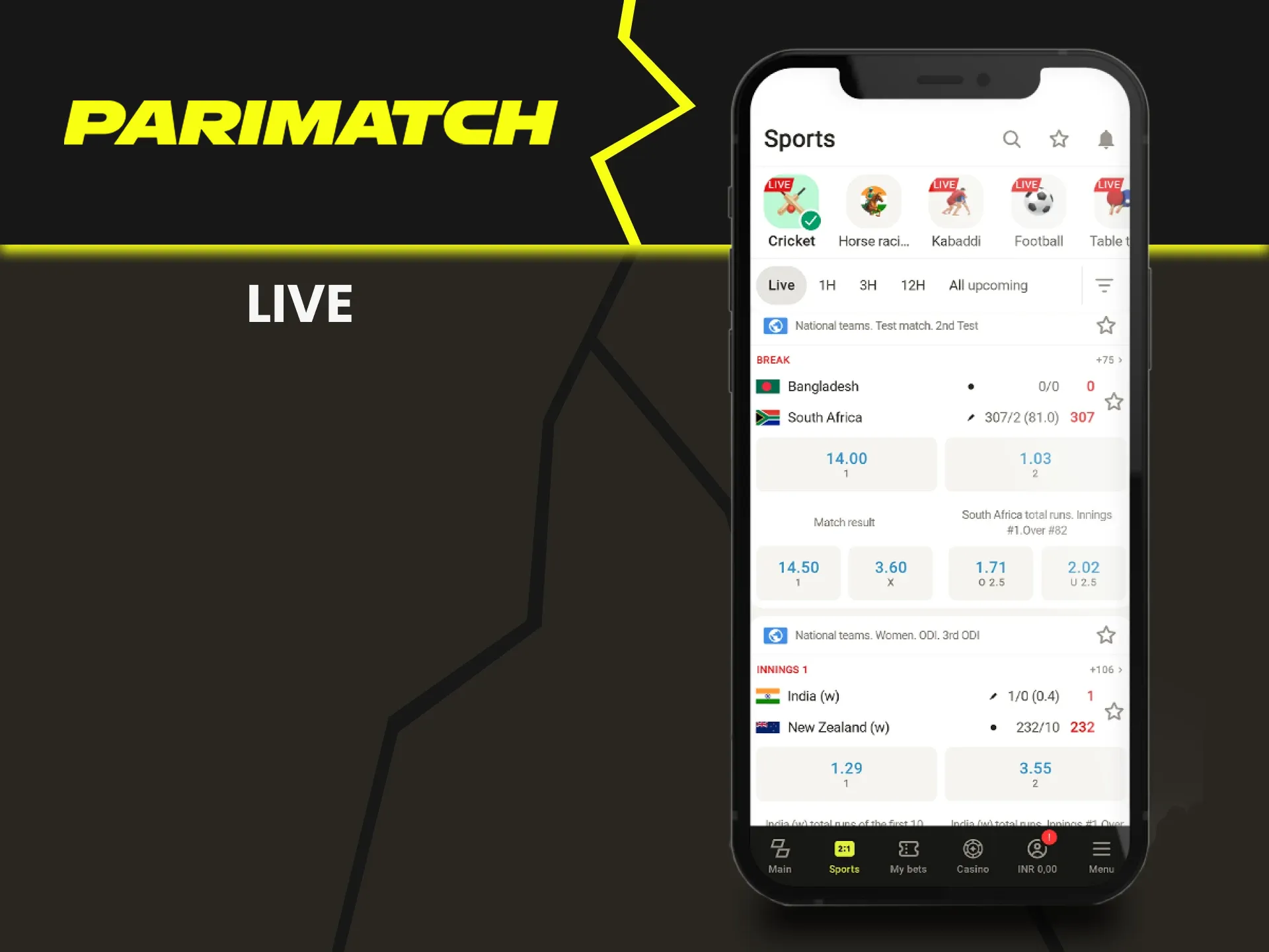 Choose live cricket events to bet on Parimatch.