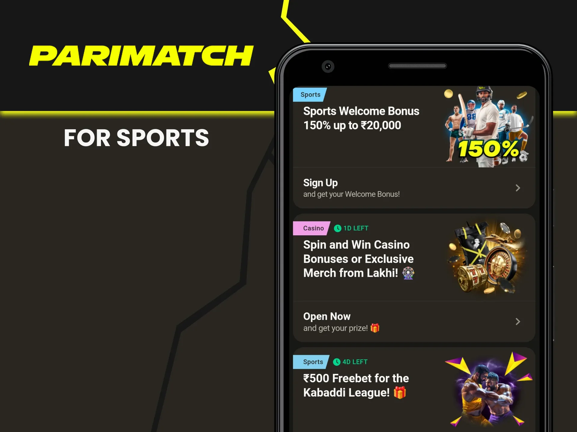 Parimatch gives a welcome bonus for sports.